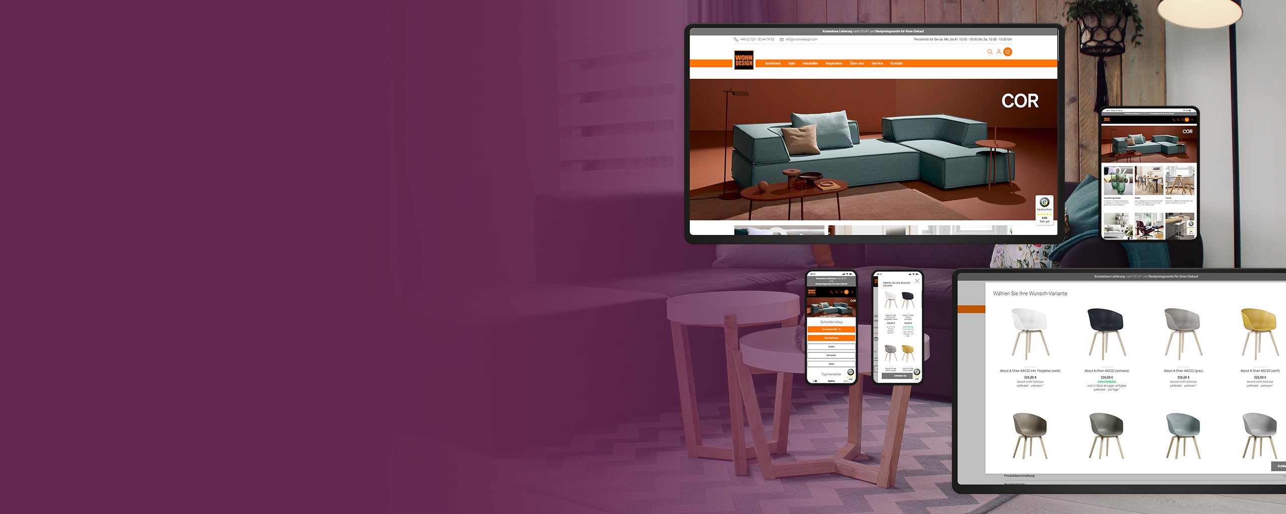 Eine Sofaecke mit Kissen und einem Beistelltisch mit Überlagerung von Website-Mockups