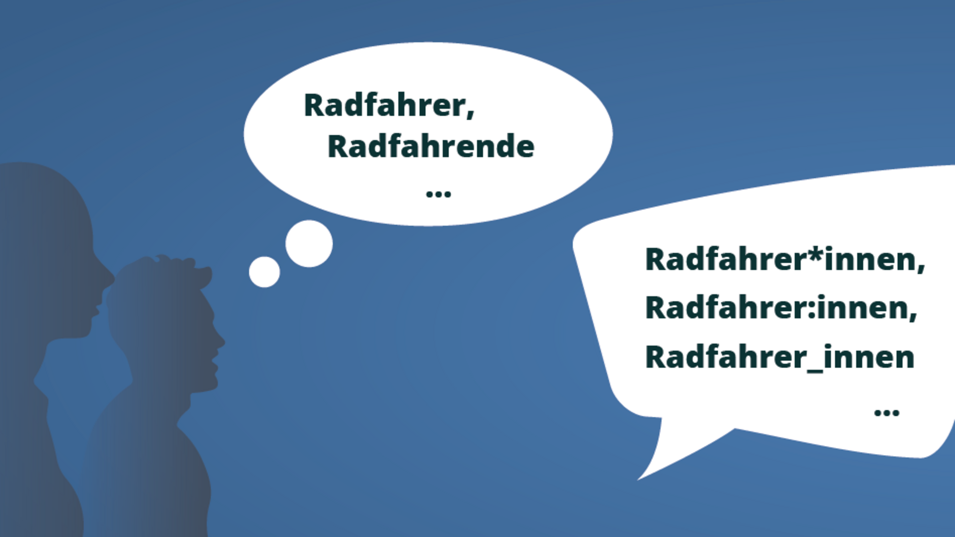 Drei Figuren mit Sprechblasen, in den verschiedene Varianten des Genderns stehen, z.B. Radfahrerinnen und Radfahrer, Radfahrer*innen oder Radfahrer:innen