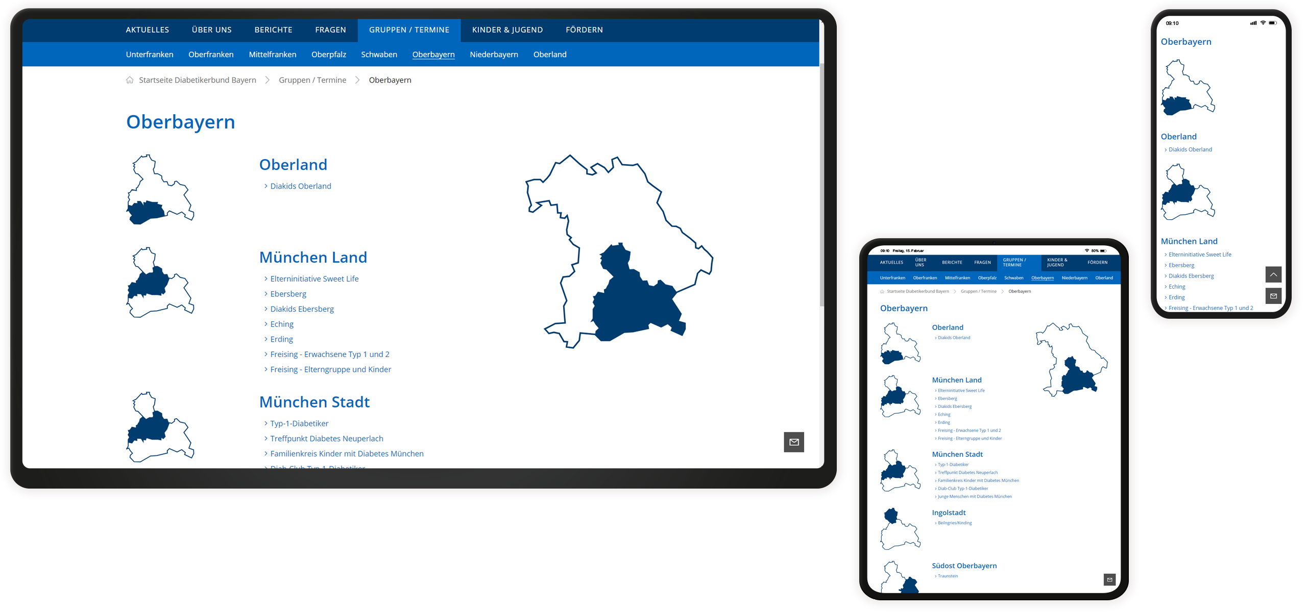 Gruppen und Termine Detailauswahl Mockup Diabetikerbund Bayern-Website: Gruppen und Termine Detailauswahl