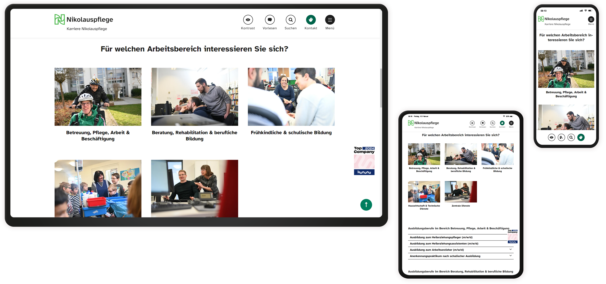 Mockup der Arbeitsbereiche auf der Nikolauspflege Karriere-Website