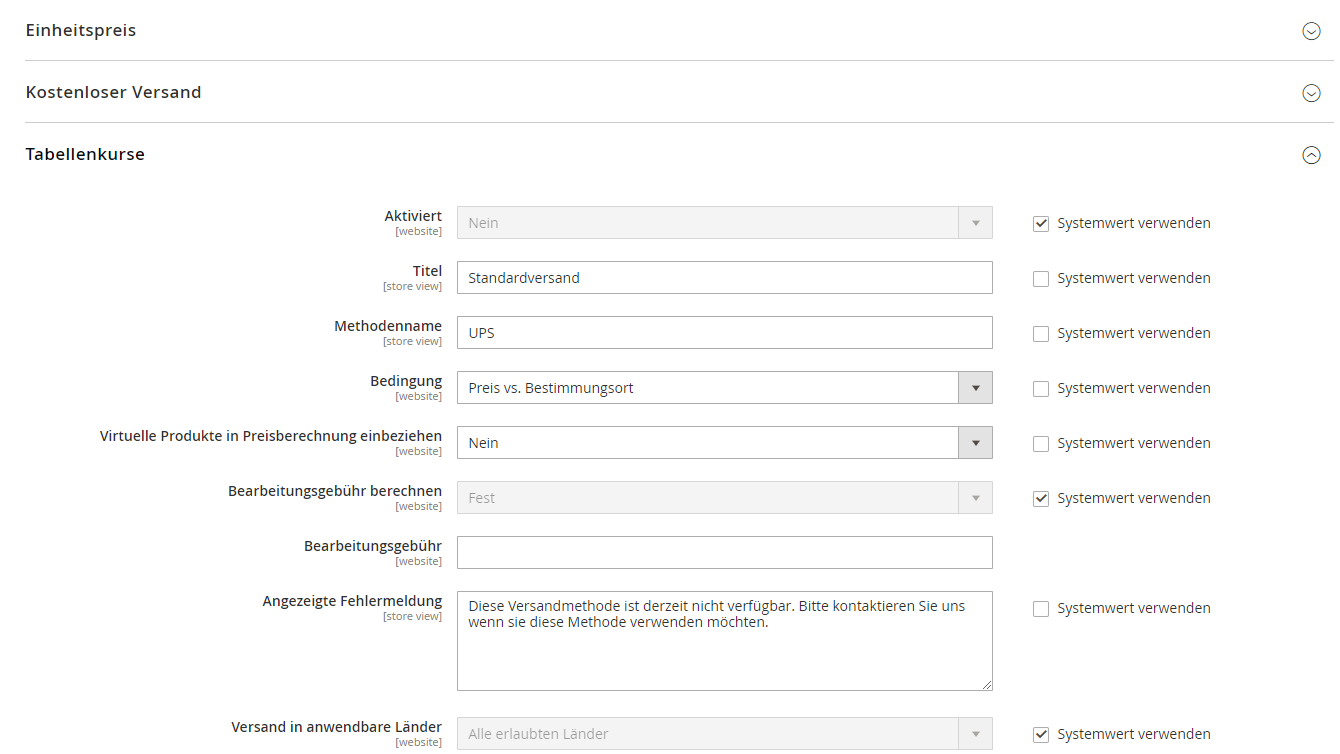 Magento Backend: Versandmethoden konfigurieren