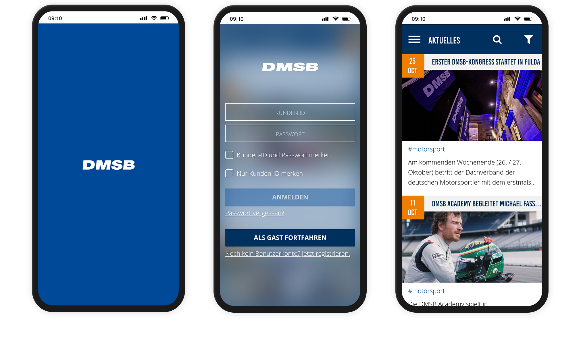 Mockup DMSB-App: Startseite, Loginseite, Aktuelles