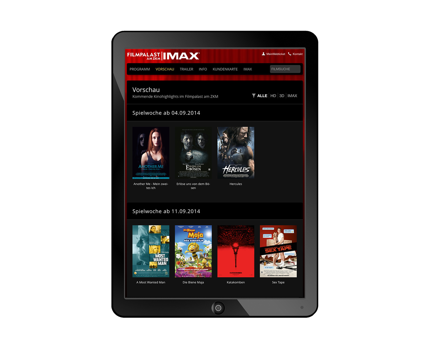 Bildmontage Filmpalast am ZKM GmbH & Co. KG Tablet Programm-Vorschau