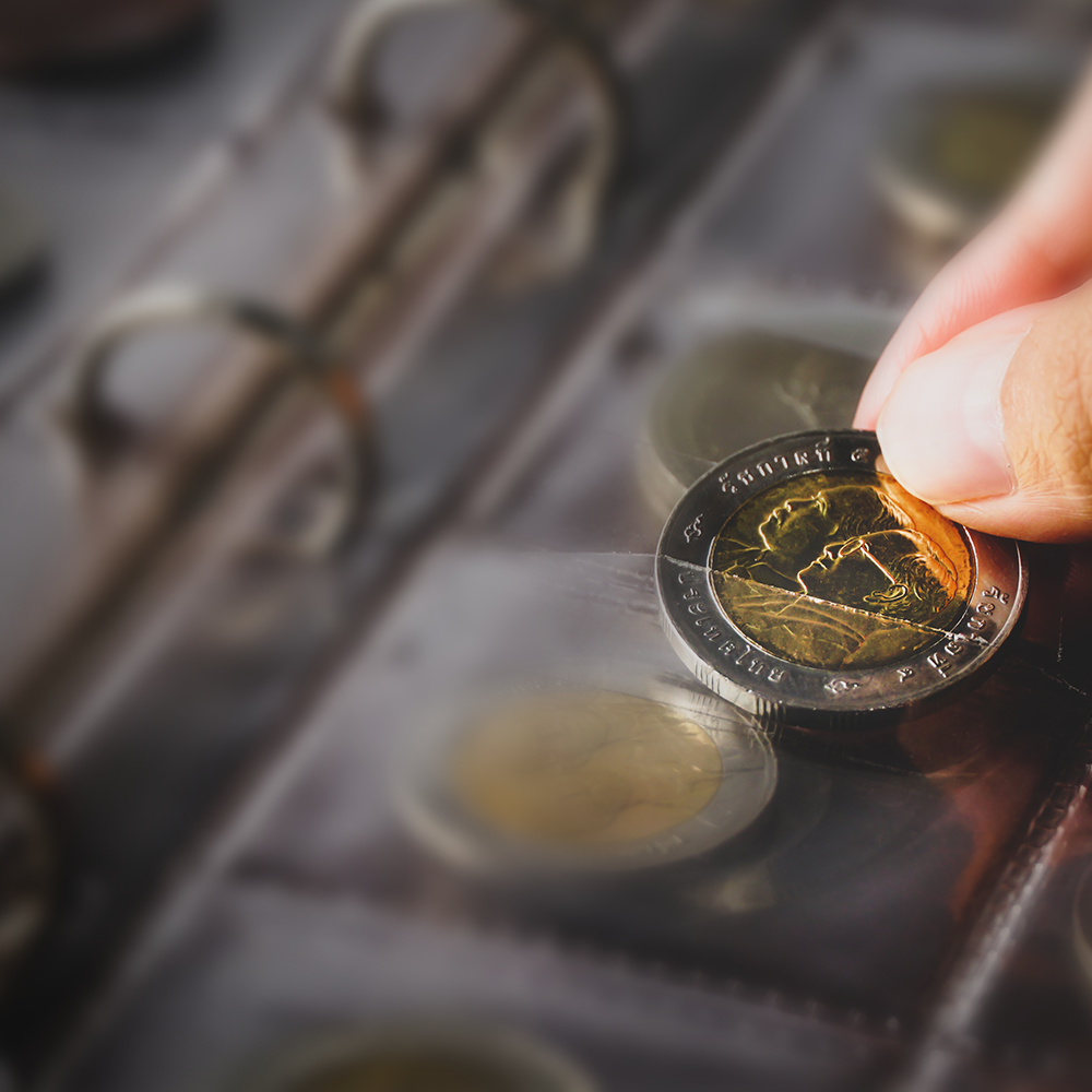Eine Münze wird in ein Sammelalbum gelegt