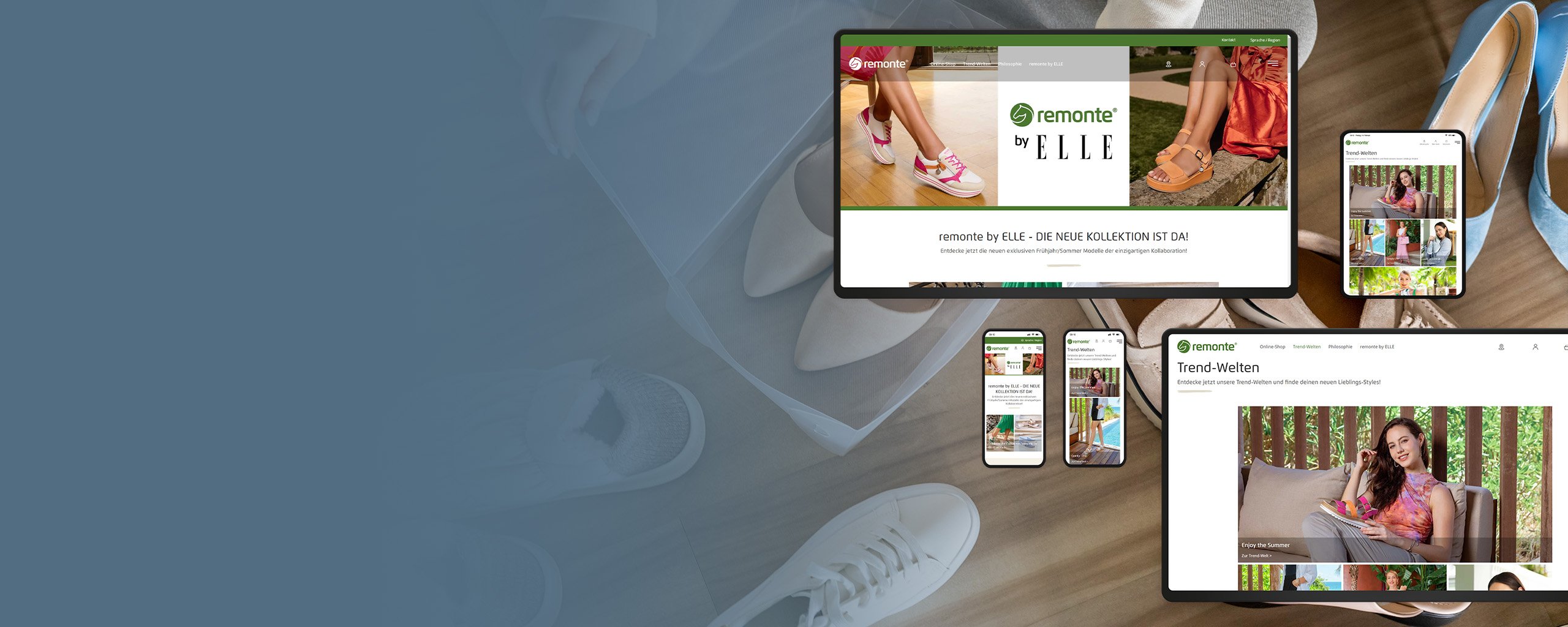 Eine Auswahl modischer Schuhe in gedeckten Farben mit Überlagerung von Website-Mockups