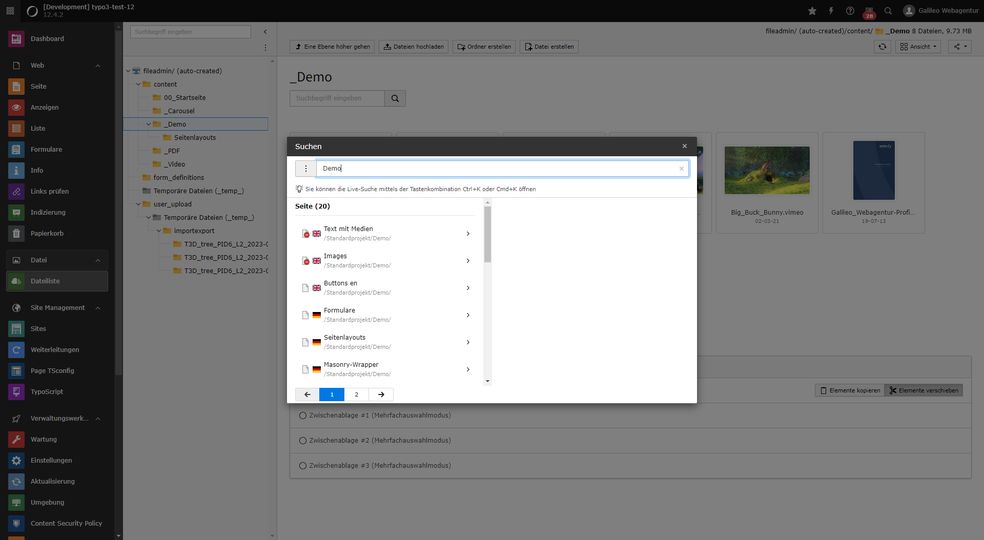 Suchfunktion im TYPO3 12-Backend