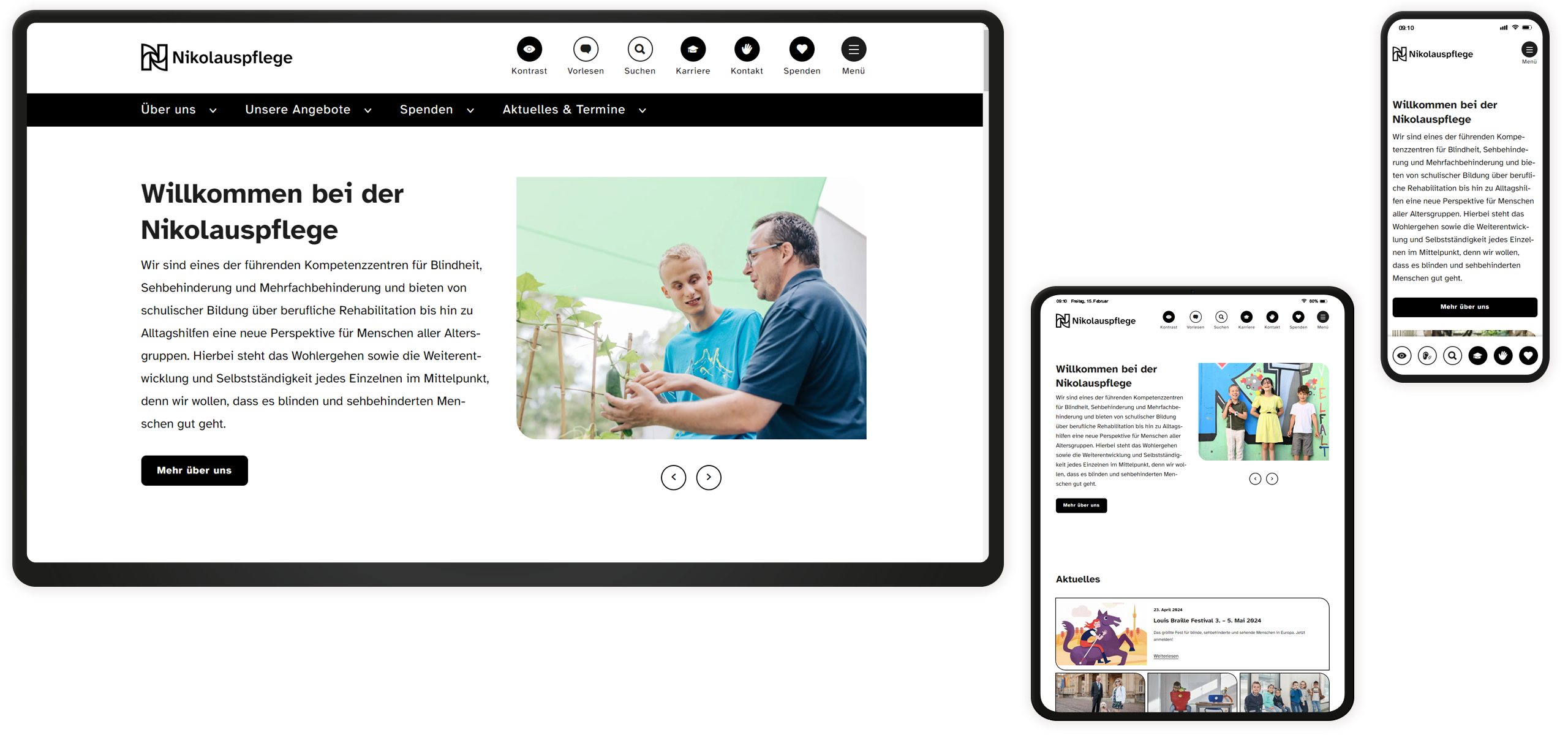 Kontrastmodus Mockup der Website der Nikolauspflege im Kontrastmodus