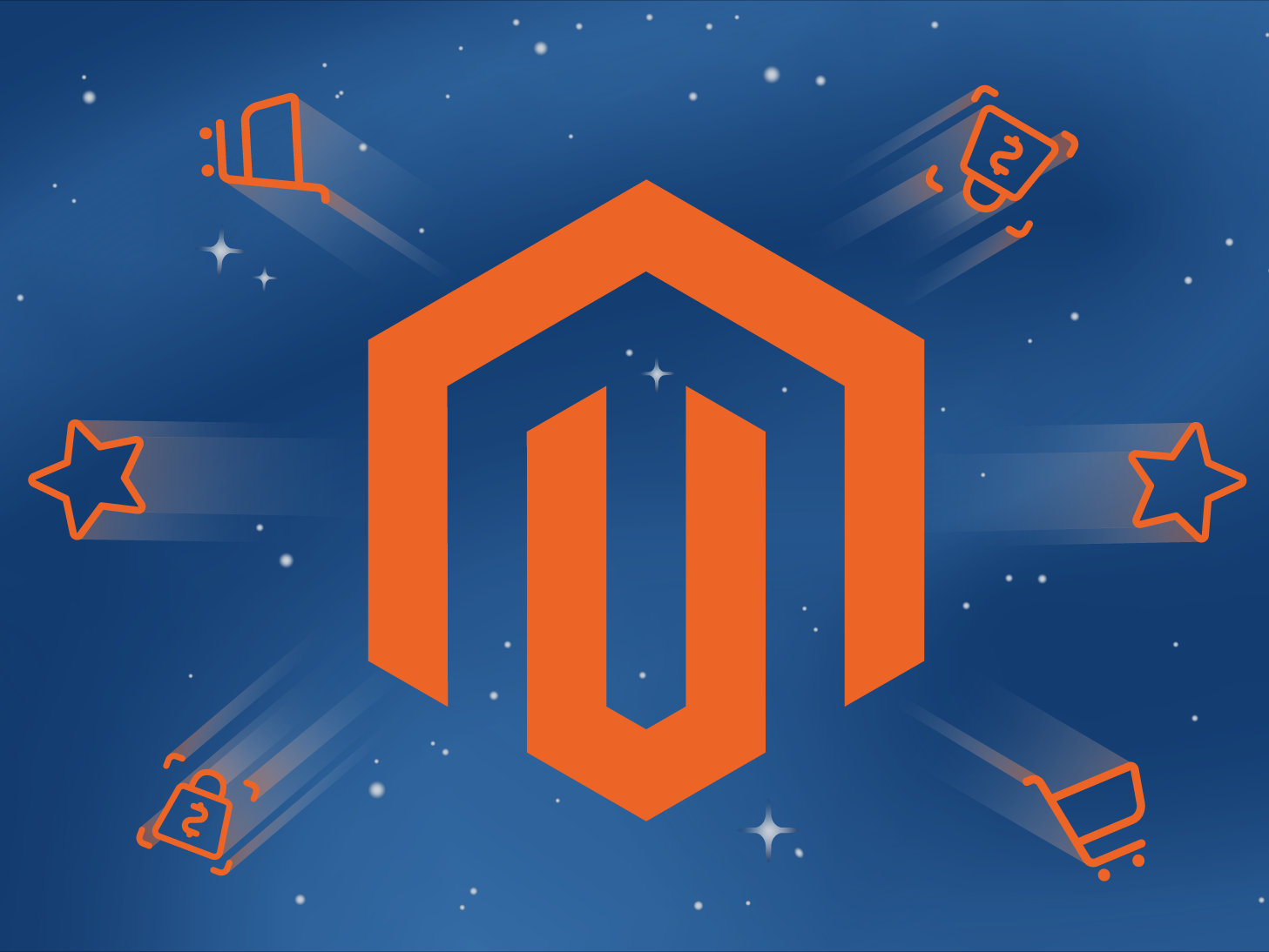 Illustration eines Sternenhimmels mit Magento-Logo