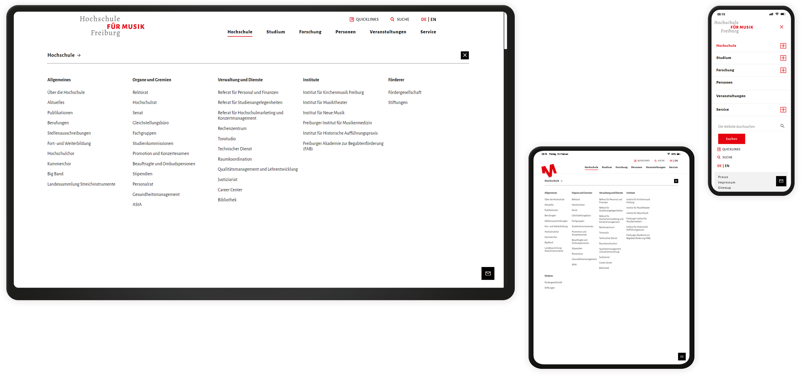 Menü Mockup des Navigationsmenüs der HfM Freiburg
