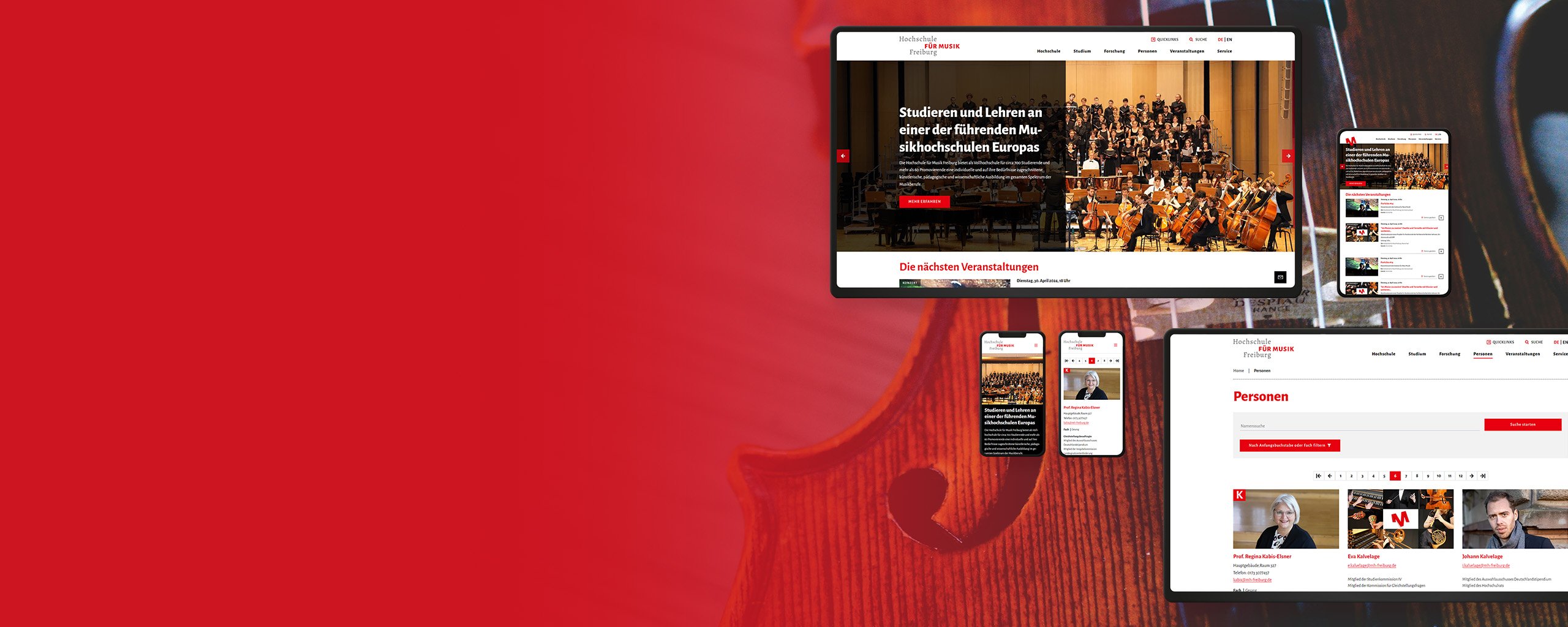 Nahaufnahme einer Violine mit Überlagerung von Website-Mockups