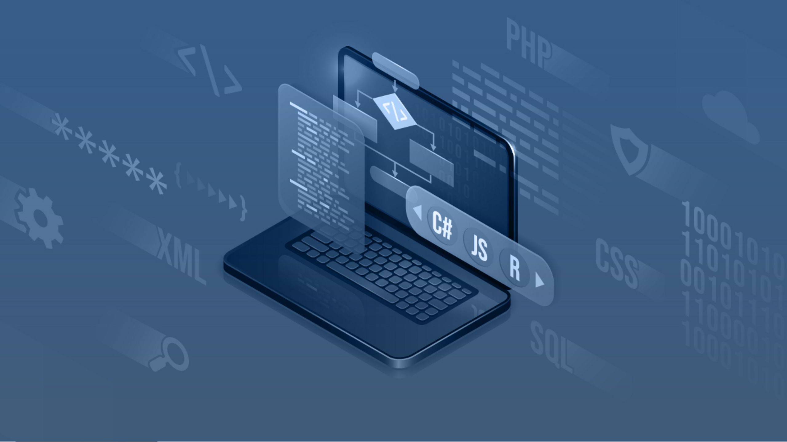 Ein stilisiertes Laptop umgeben von verschiedenen Symbolen für Programmiersprachen wie C++ oder JS