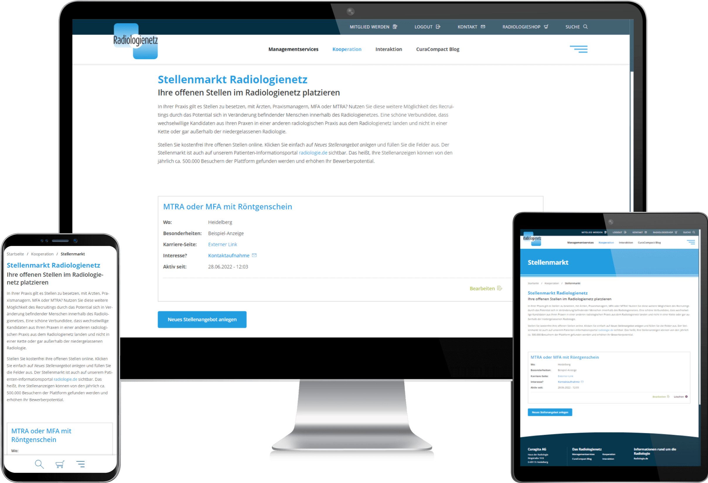 Stellenmarkt Mockup Radiologienetzwerk-Website: Stellenmarkt