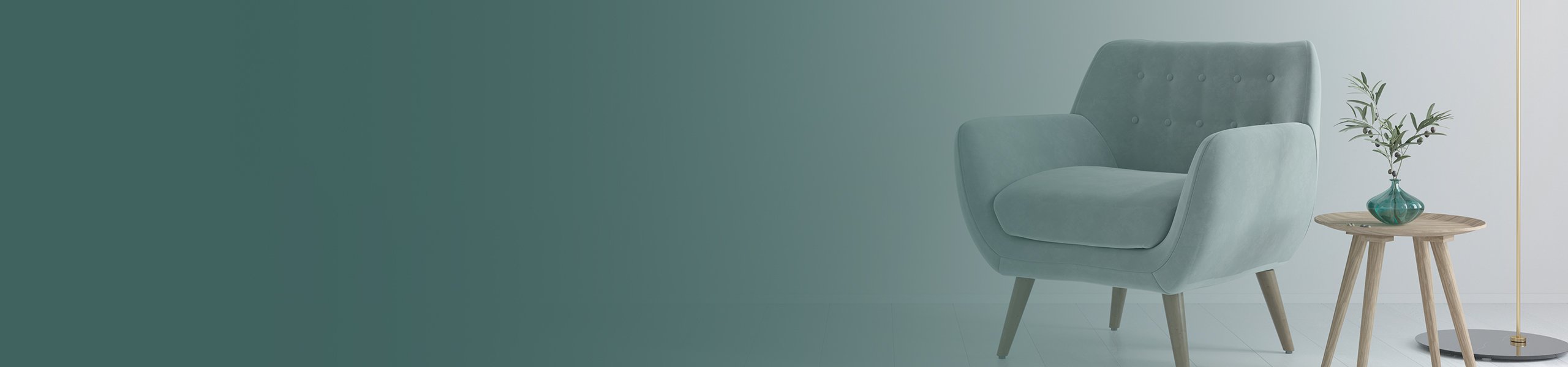 Ein moderner Sessel und ein Beistelltisch mit einer schlichten Vase