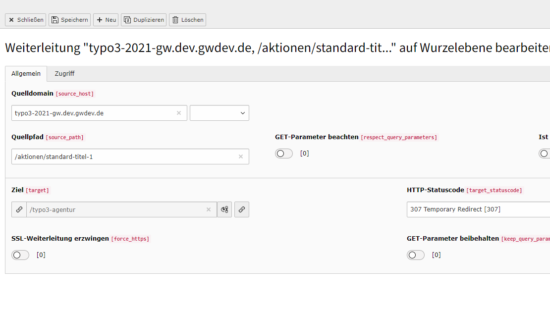 TYPO3 Screenshot Redirect anlegen