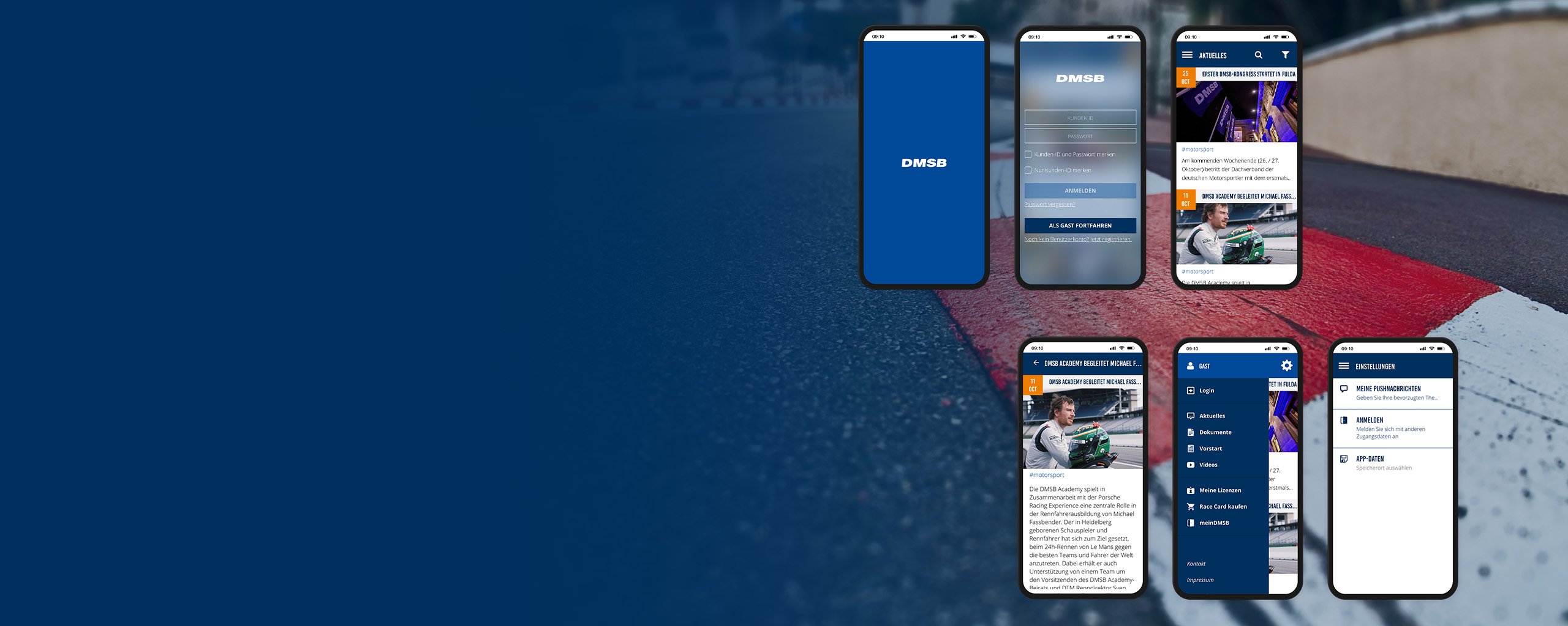 Nahaufnahme einer Rennstrecke mit Überlagerung von App-Screens