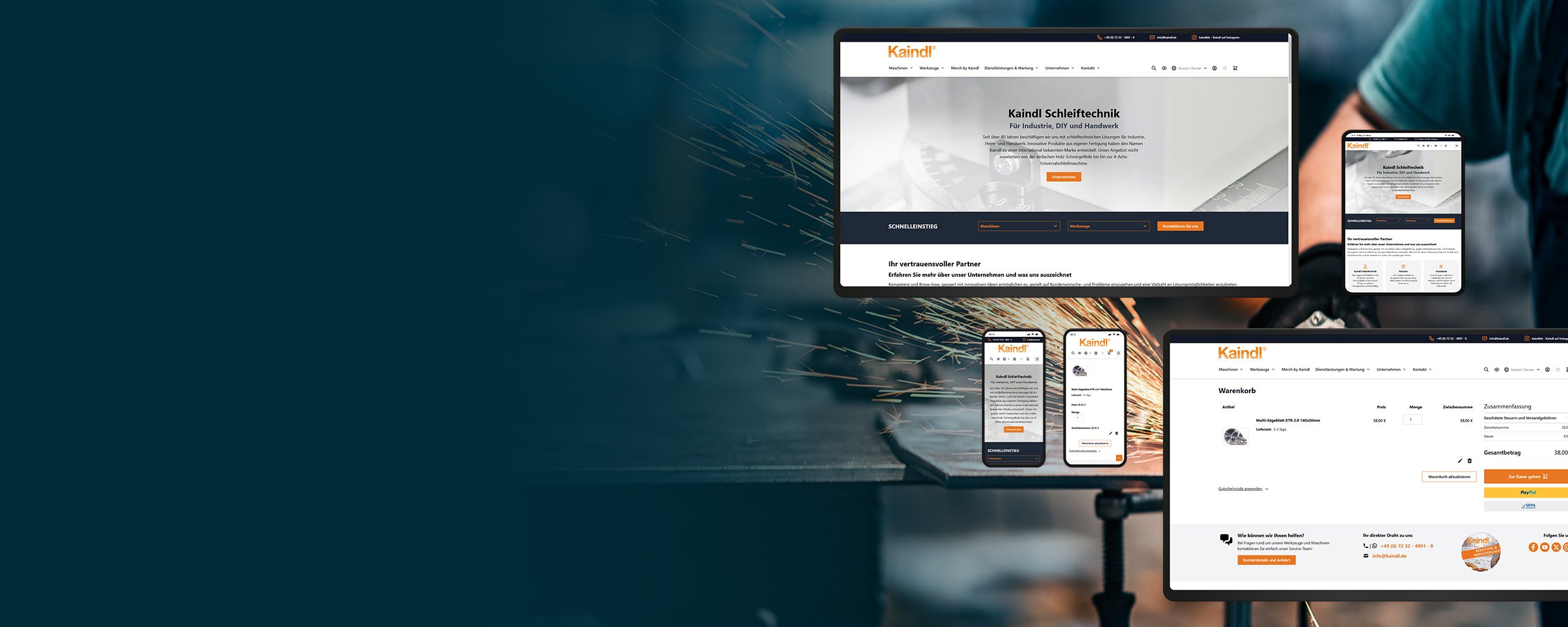 Ein Winkeltrennschleifer mit Funken mit Mockups der Kaindl-Website
