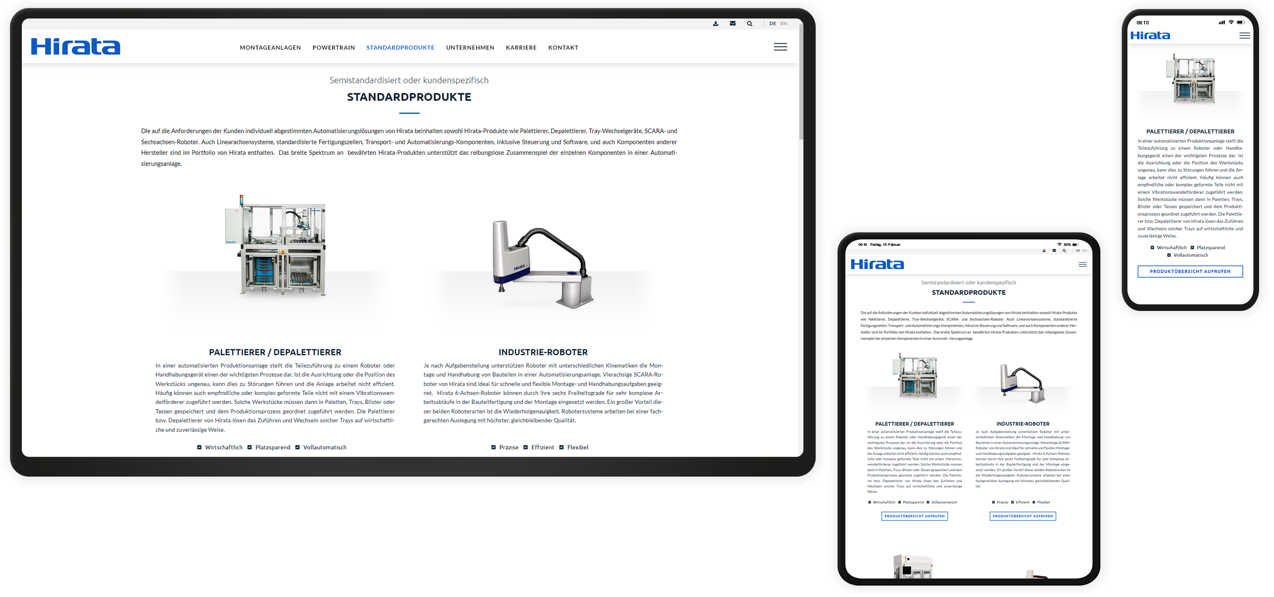 Mockup Hirata-Website: Produktübersicht