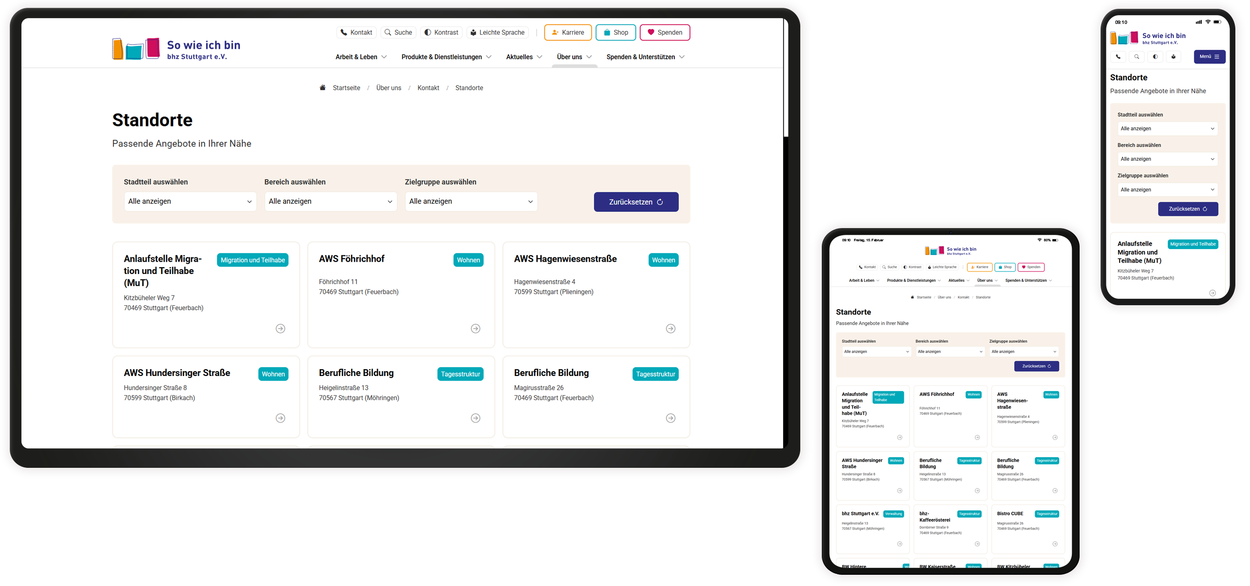Mockup der bhz-Website: Standort-Liste mit Filter