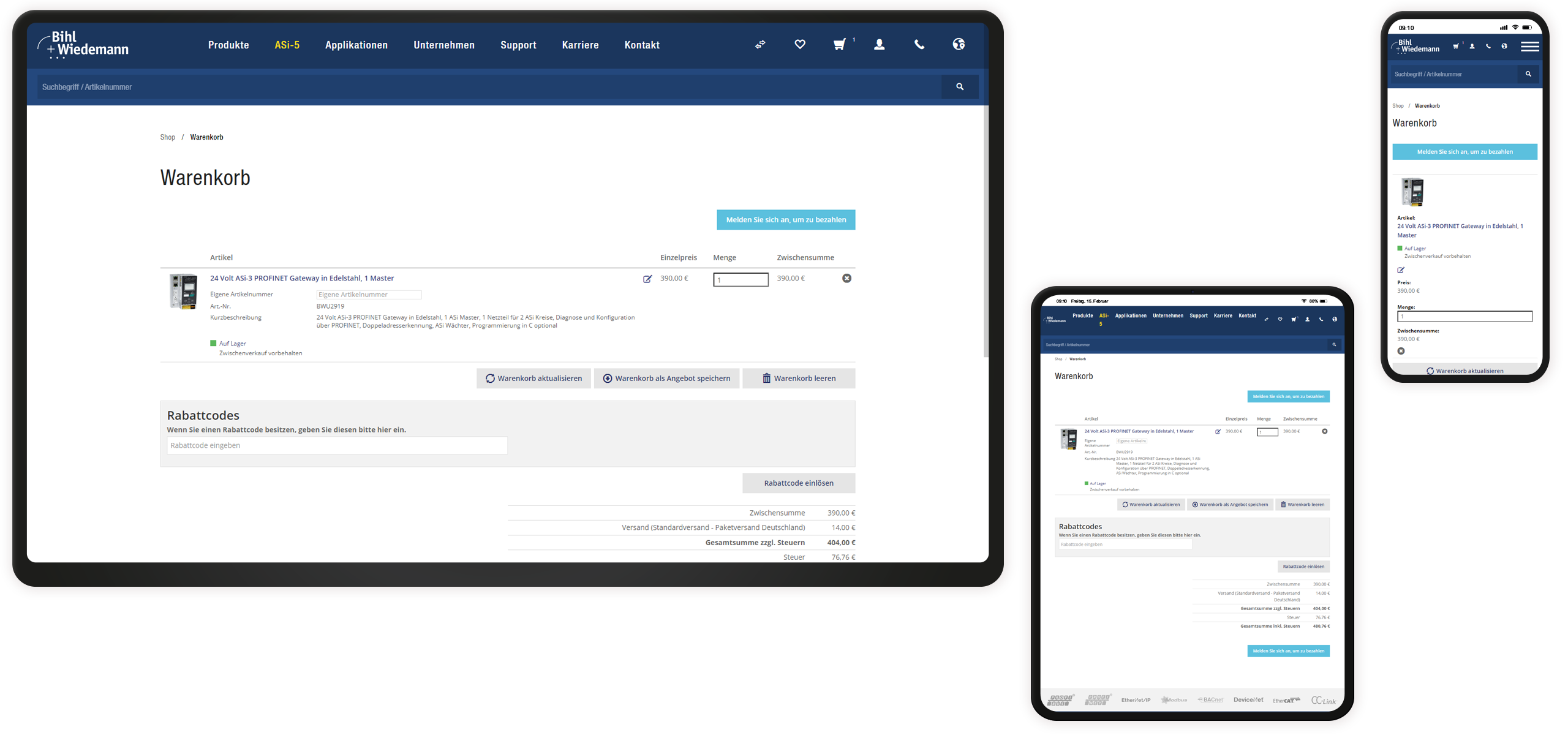 Mockup Bihl+Wiedemann-Website: Warenkorb