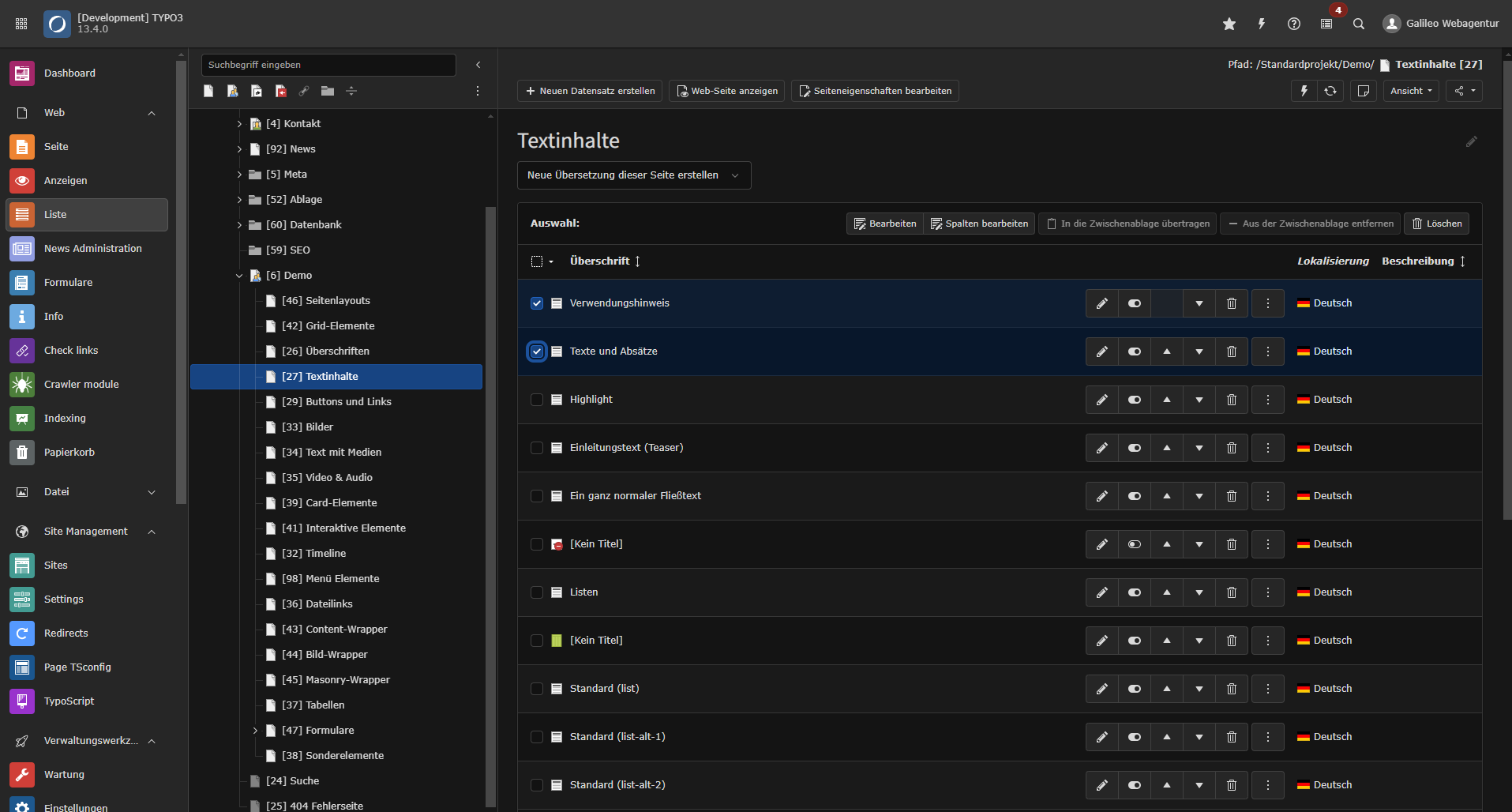 Screenshot der Massenbearbeitung von Datensätzen