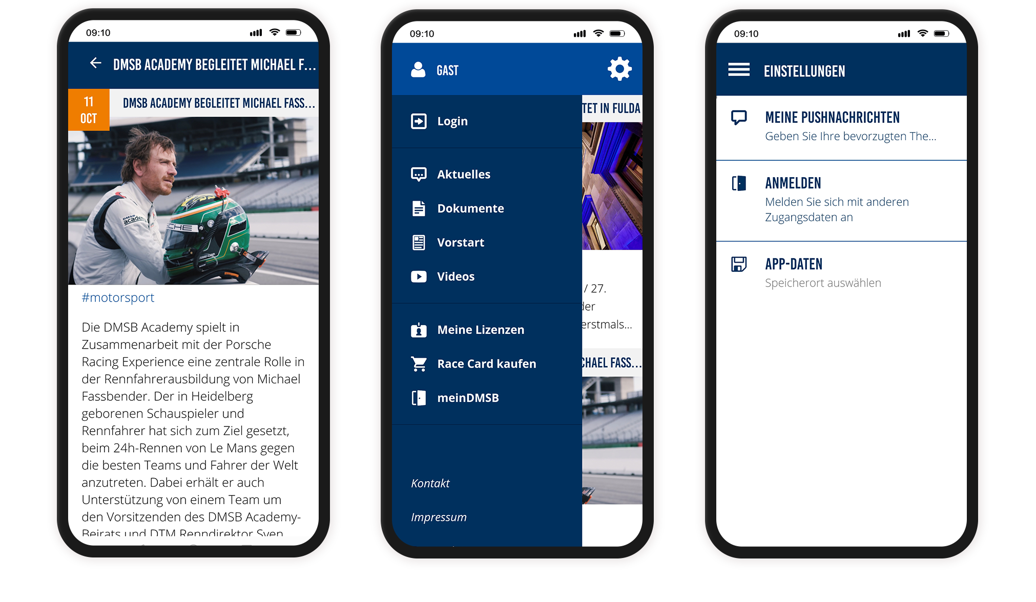Mockup DMSB-App: Nachricht Detailansicht, Navigation, Einstellungen