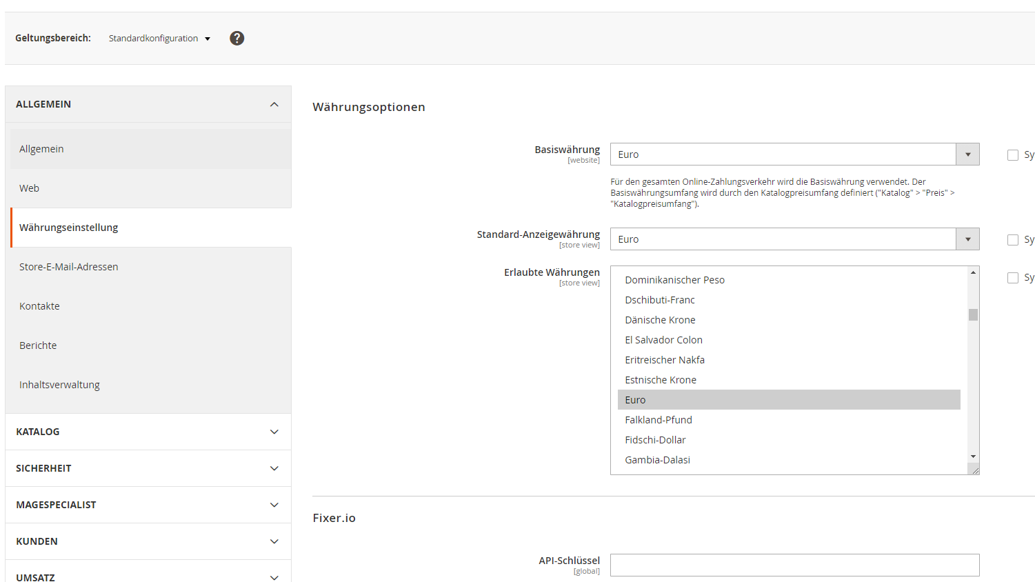 Magento-Backend: Währungseinstellungen festlegen