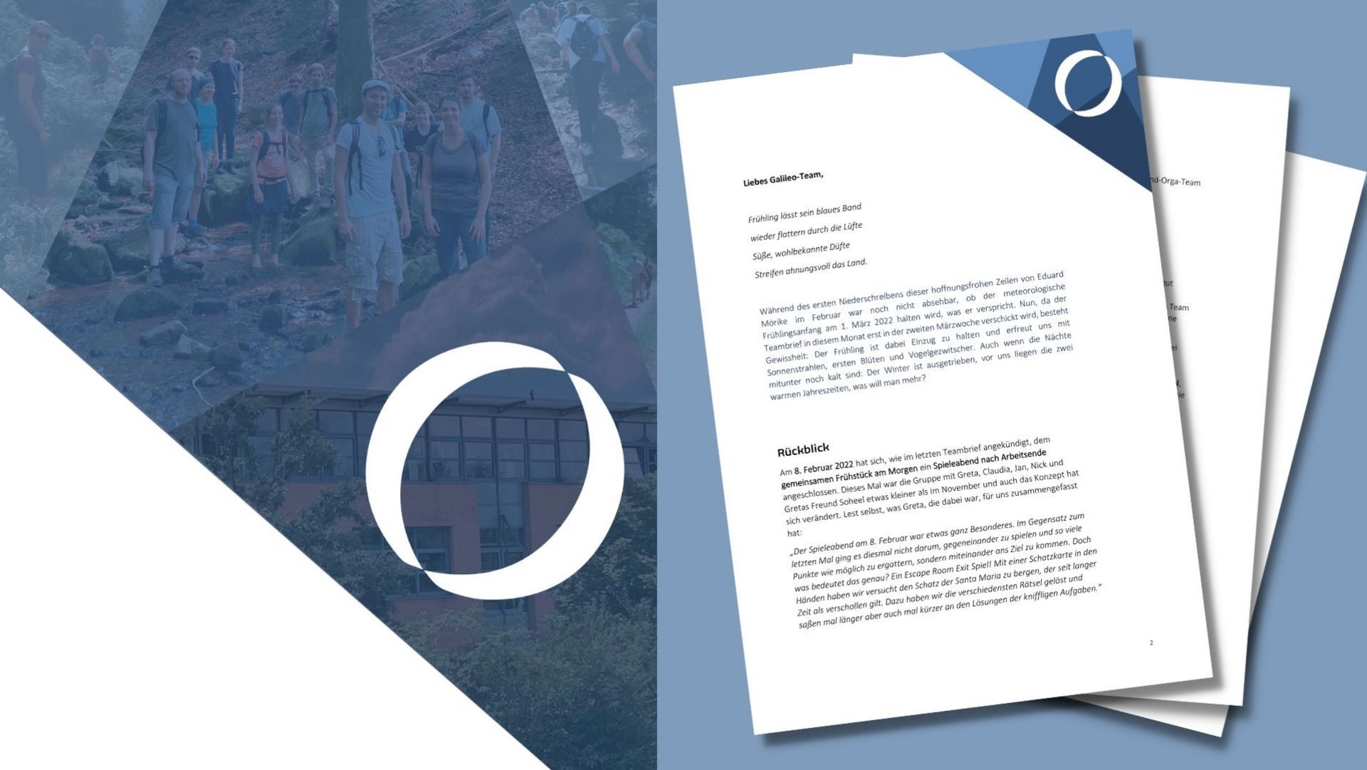 Beispielbild der Einstiegsseite eines Teambriefs mit Teamfoto-Hintergrund
