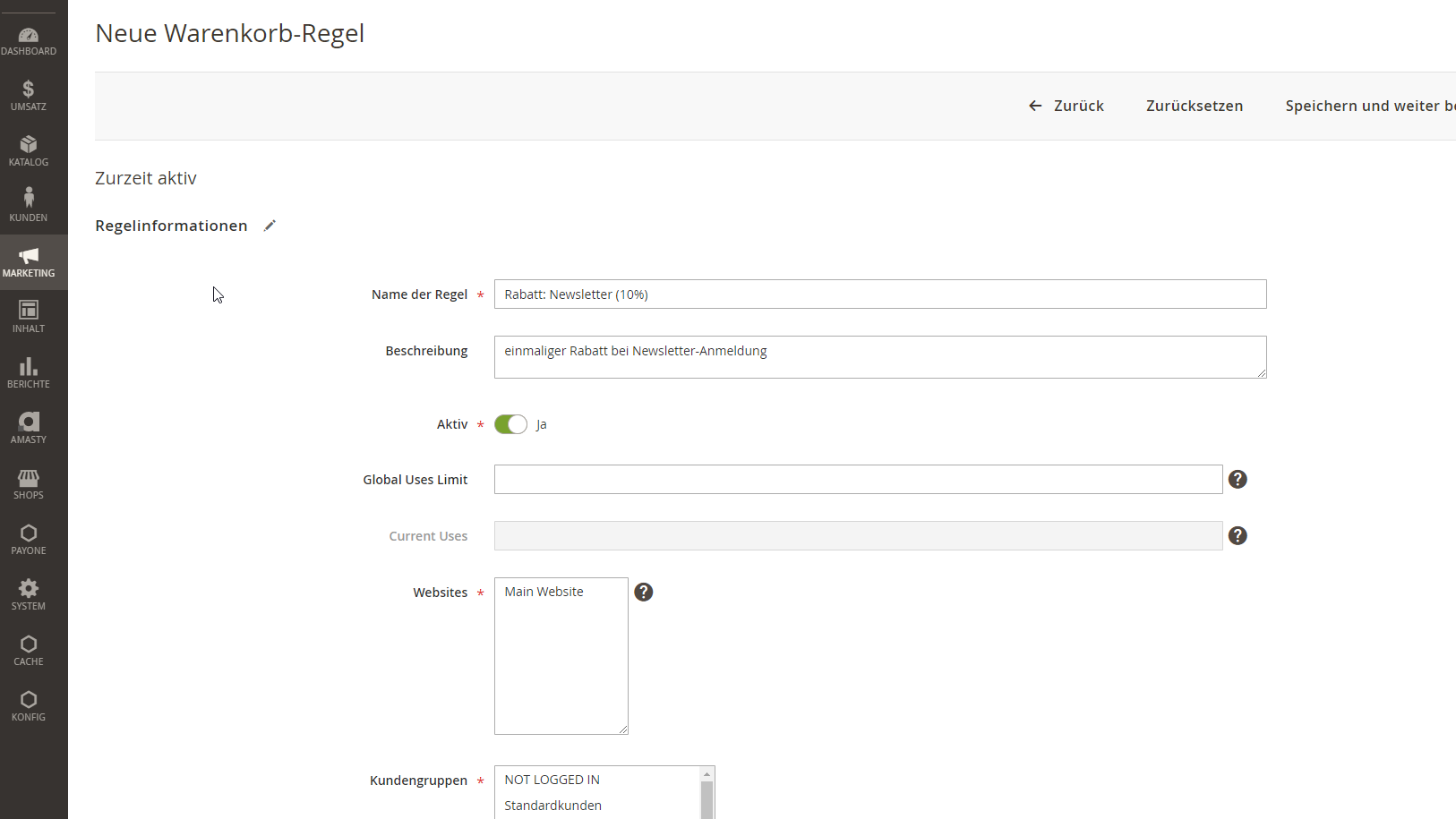 Magento Backend: Warenkorb-Preisregel für Newsletteranmeldung anlegen