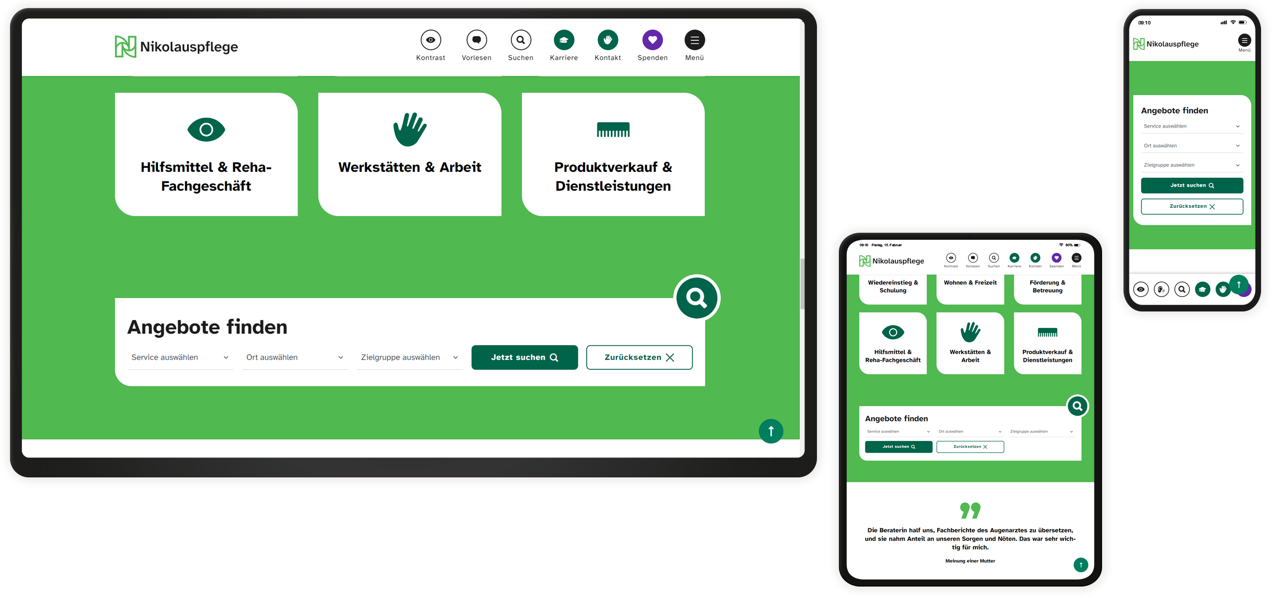 Angebotsfinder Mockup des Angebotsfinders auf der Website der Nikolauspflege