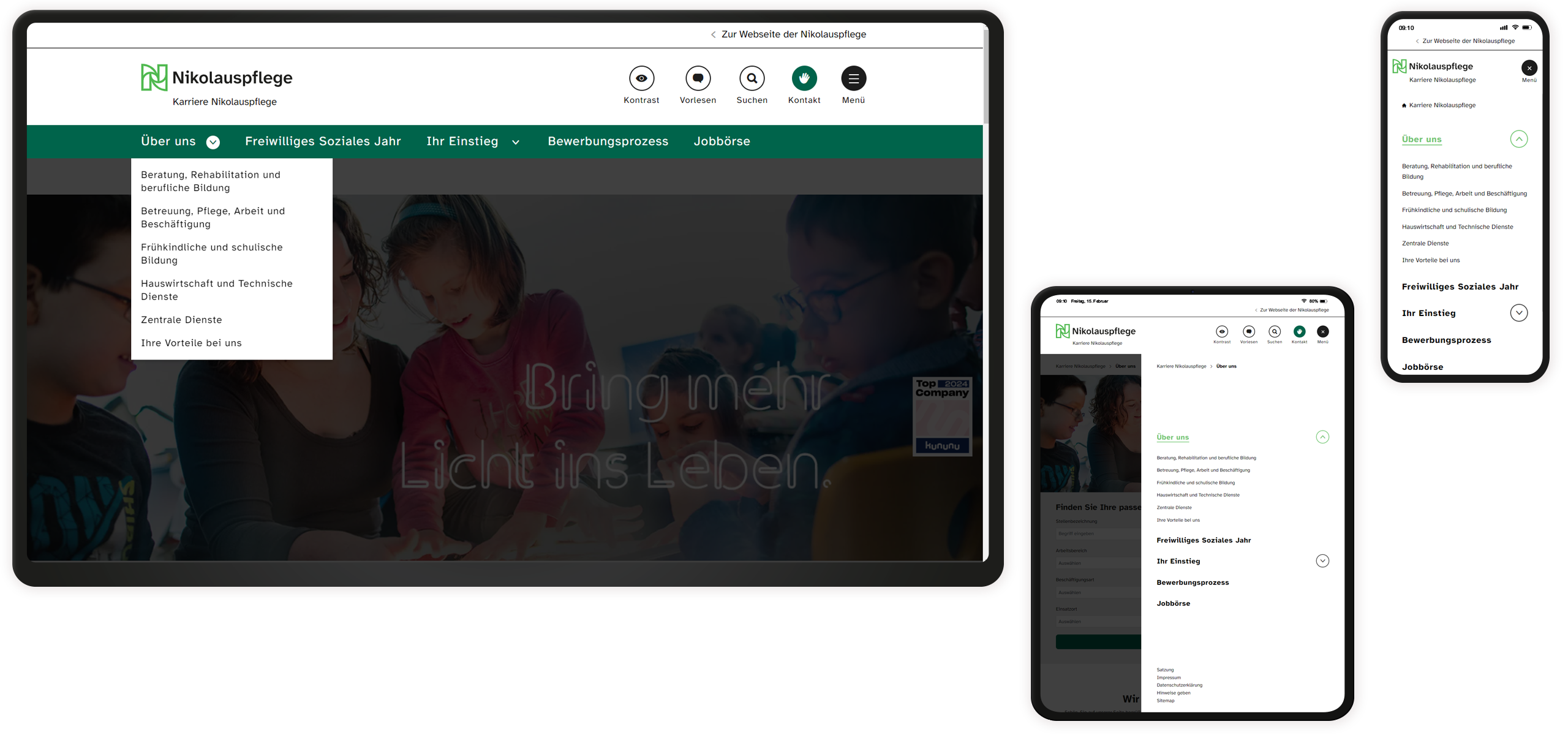 Mockup der Navigation auf der Nikolauspflege Karriere-Website