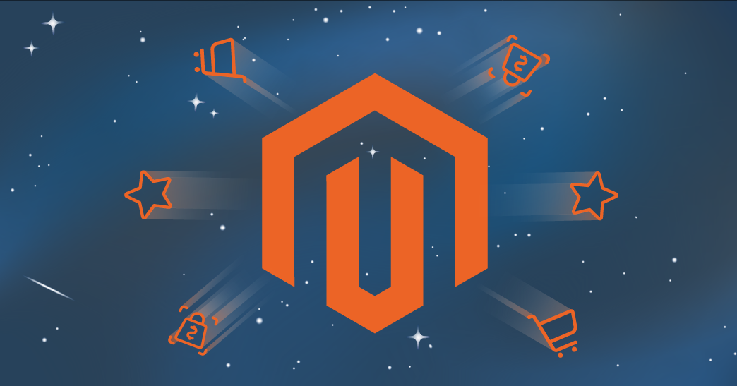 Illustration eines Sternenhimmels mit Magento-Logo