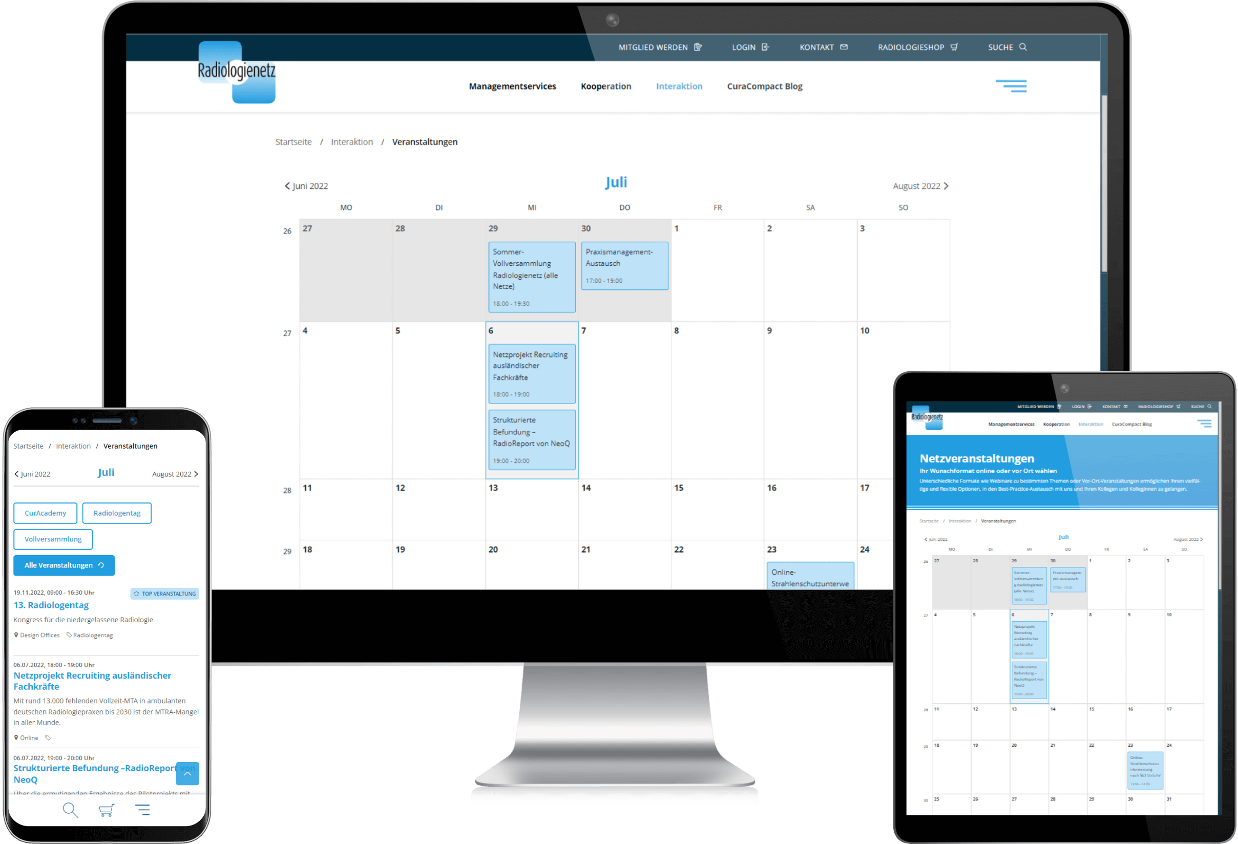 Event Kalender Mockup Radiologienetzwerk-Website: Veranstaltungskalender