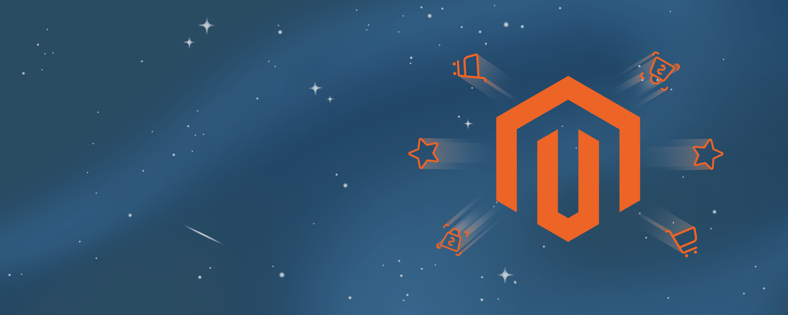 Illustration eines Sternenhimmels mit Magento-Logo
